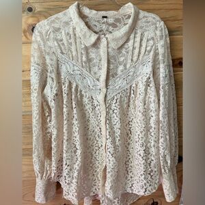 Free People Out West Lace Buttondown Blouse Top Shirt Jacket M